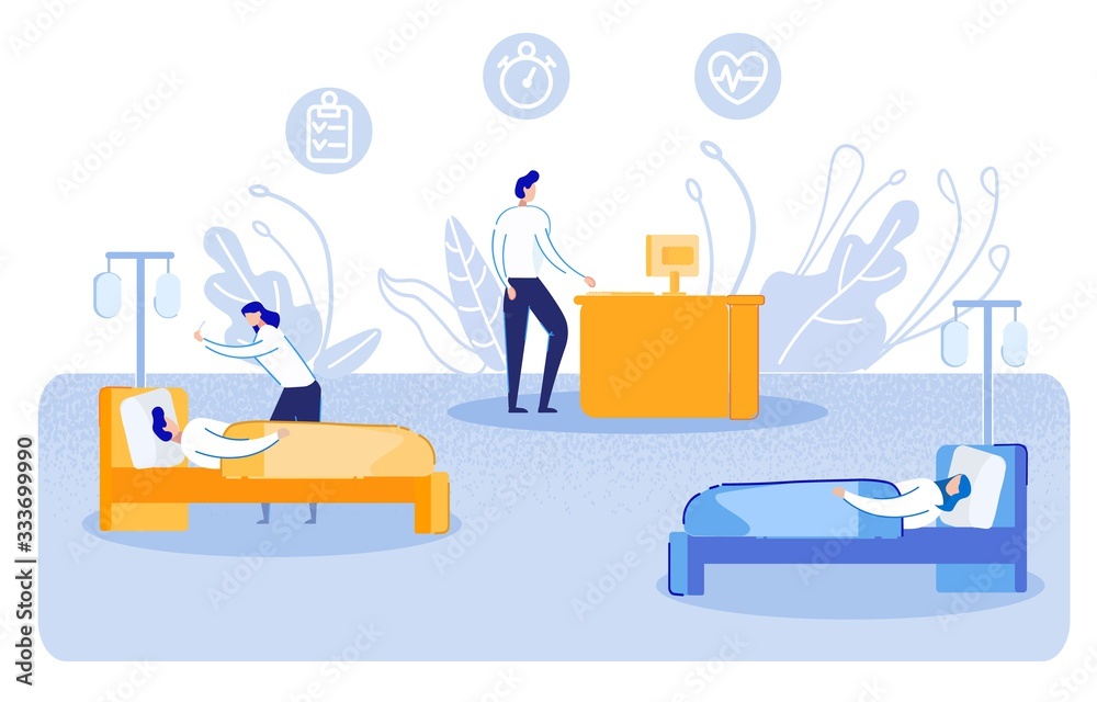 Medical and Healthcare for Patients in Hospital. Woman Doctor Examines Patient. Medical Worker Stands by Computer Table. Girl Lies in Bed. Leaves, Medical History, Stopwatch, Heart Rate on Background