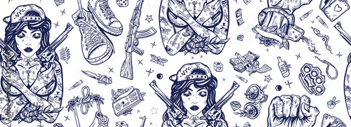 Criminal street culture seamless pattern. Old school tattoo. Swag. Hip-hop lifestyle. Crime favela. Bad girl and crossed guns, handcuffs, audio cassette. Cool gangster tattooed woman in baseball cap