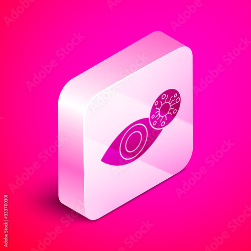 Isometric Reddish eye due to virus, bacterial or allergic conjunctivitis icon isolated on pink background. Silver square button. Vector Illustration