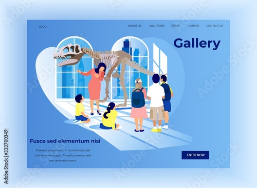 Guide Tells Children in Anthropology Museum. Exhibition Center. Vector Illustration. Blue Background. Children Listening Dinosaur Story. Visit Exhibition. Watch Exclusive Exhibits. Dinosaur Skeleton.