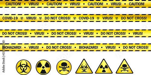 Caution warning tape set of yellow and black ribbons, for dangerous area, accident, police. Vector strip tape template illustration isolated in white background. Caution! Danger! Biohazard! Virus sign