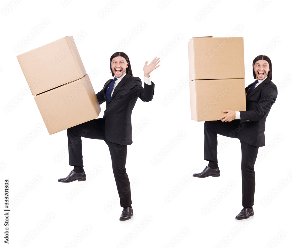 Funny man with boxes on white Funny man with boxes on white