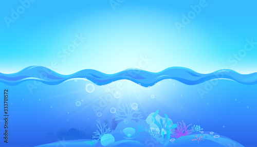 Underwater world scene of coral reefs and sea life in the deep blue ocean . Vector illustration