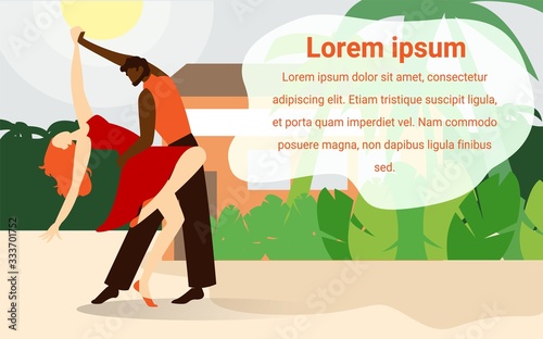 Black Man in Red T-shirt and Woman with Red Hair in Dress Dance. Dancers Dance Incendiary Dances. Brazilian Dance Festival. People at Days Brazilian Festivall. Holiday of Brazil. Vector Illustration.