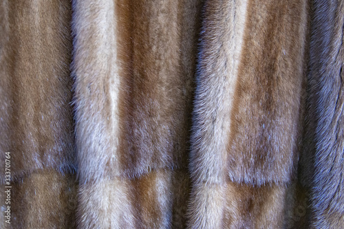 Textured surface of a brown coat made of natural mink fur