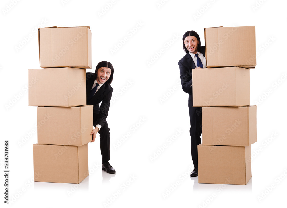 Funny man with boxes on white Funny man with boxes on white