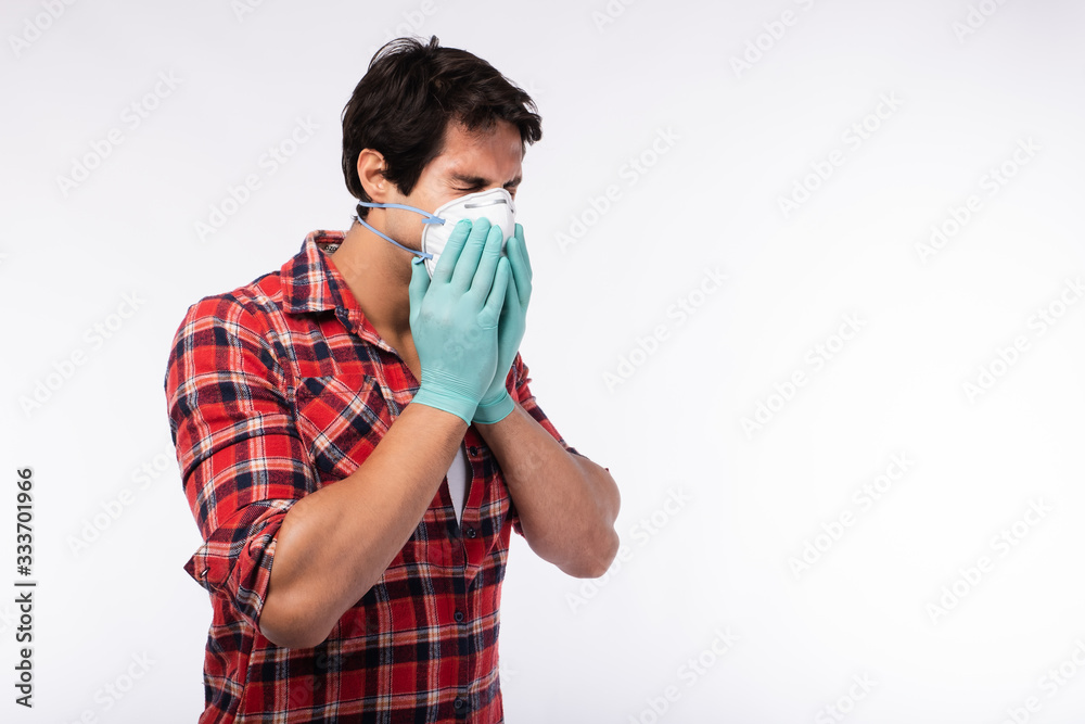 Handsome man brazilian showing okay gesture. Photo of healthy man wears protective mask against infectious diseases and flu. Health care concept.Mask prevent Covid 19 OK Leave space White background Handsome man brazilian showing okay gesture. Photo of healthy man wears protective mask against infectious diseases and flu. Health care concept.Mask prevent Covid 19 OK Leave space White background