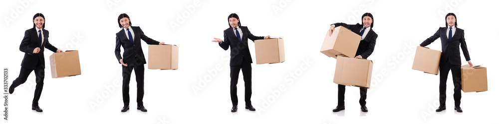 Funny man with boxes on white Funny man with boxes on white