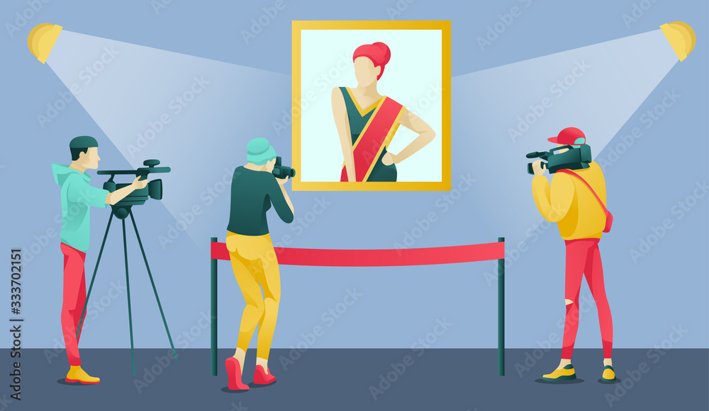 Cartoon Reporter, Journalist, Cameramen Characters Shooting, Broadcasting, Taking Pictures with Famous Female Portrait. Art Gallery or Museum Interior. Heritage Attractions. Vector Flat Illustration