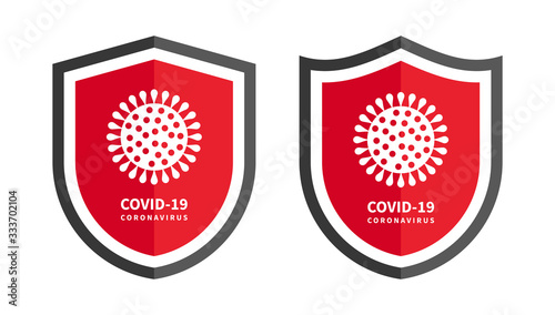 Covid-19 Coronavirus Icon with Red Shield Protection, 2019-nCoV Novel Coronavirus Bacteria. No Infection and Stop Coronavirus Defensive Concepts. Dangerous Coronavirus Cell in China, Wuhan.