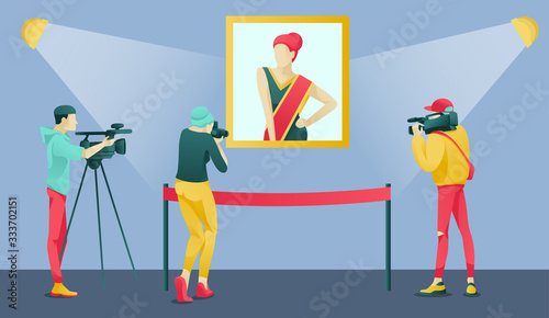 Cartoon Reporter, Journalist, Cameramen Characters Shooting, Broadcasting, Taking Pictures with Famous Female Portrait. Art Gallery or Museum Interior. Heritage Attractions. Vector Flat Illustration
