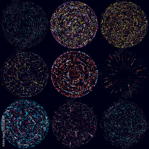 Random dots, circles abstract. Speckles, dotted radial, radiating, circular geometric illustration. Polka-dots, pointillist, pointillism design element