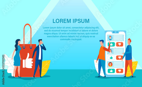Advertising Banner and Online Shop Crosslining in Social Network. Man and Woman Standing by Huge Purchase Bag with Thumbs up Gesture. Two Men near Phone Point to other Vender. Vector Illustration photo