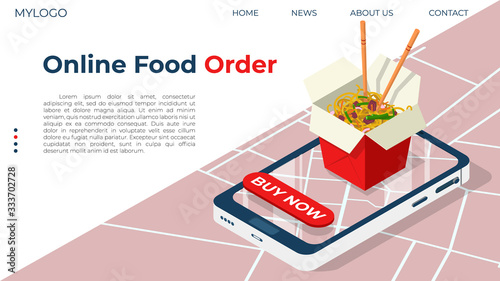 Concept template for web page on the subject of food delivery. Wok box ordering concept with smartphone, on city map background. Home delivery food. Vector isometric illustration.