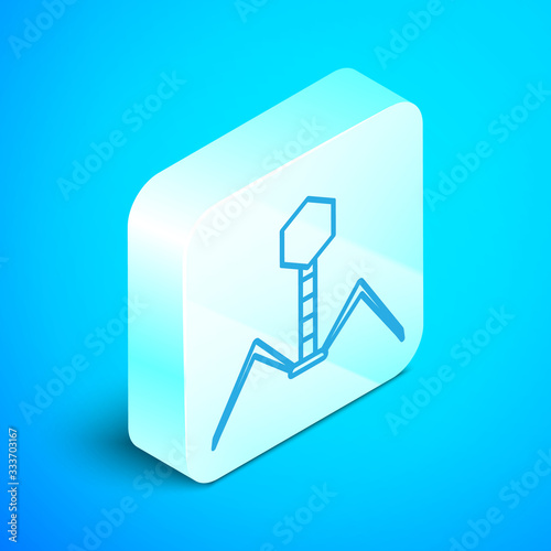 Isometric line Bacteria bacteriophage icon isolated on blue background. Bacterial infection sign. Microscopic germ cause diseases concept. Silver square button. Vector Illustration