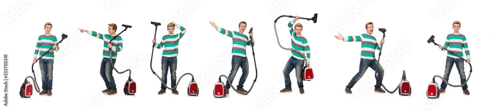 Funny man with vacuum cleaner on white Funny man with vacuum cleaner on white