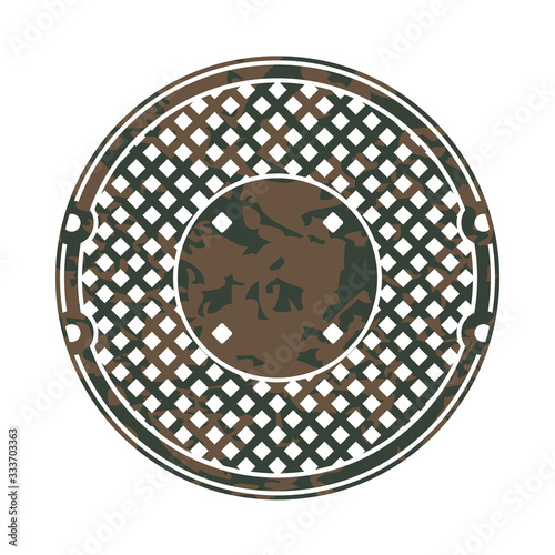Vector drawing of a dirty manhole cover isolated on a white background. Themes: city services, sewers, waste, filth, drainage, maintenance, industrial, toilet, urban infrastructures, grime, plumbing.