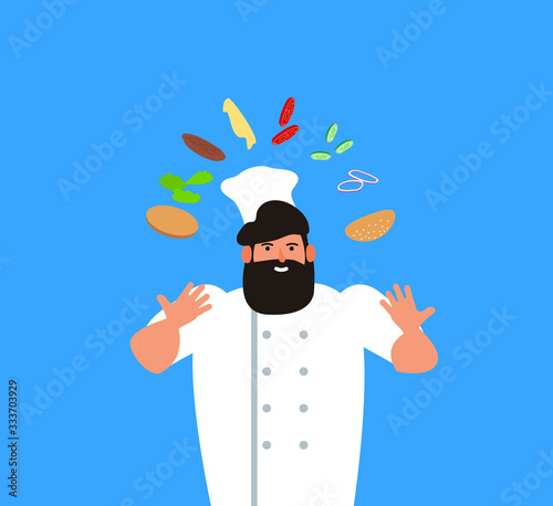 chef juggling with burger ingredients prepare fast food vector illustration