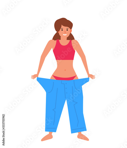young slim woman in big jeans weight loss vector illustration © tarikdiz