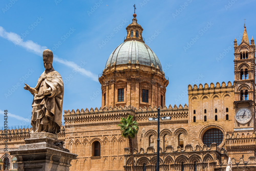 Statue facing Palermo Cathedral, Sicily