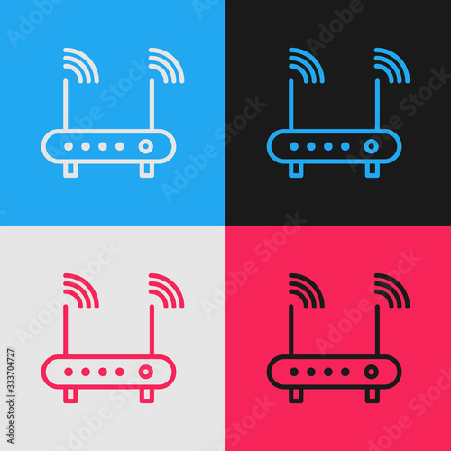Pop art line Router and wi-fi signal symbol icon isolated on color background. Wireless ethernet modem router. Computer technology internet. Vector Illustration