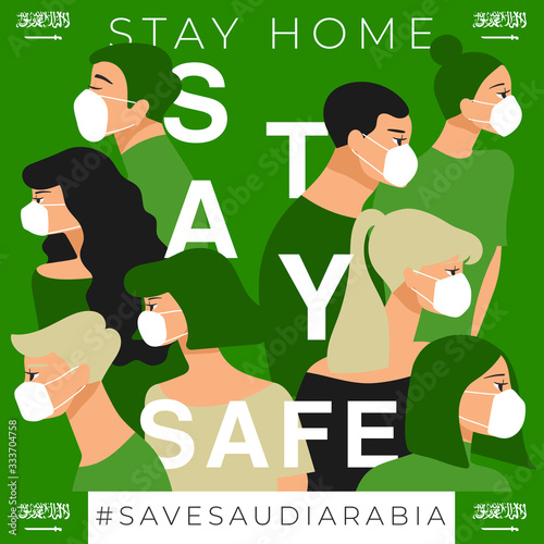 Set of men and women wearing medical mask preventing air pollution and virus with national flag : Stay home, stay safe poster layout : Vector Illustration