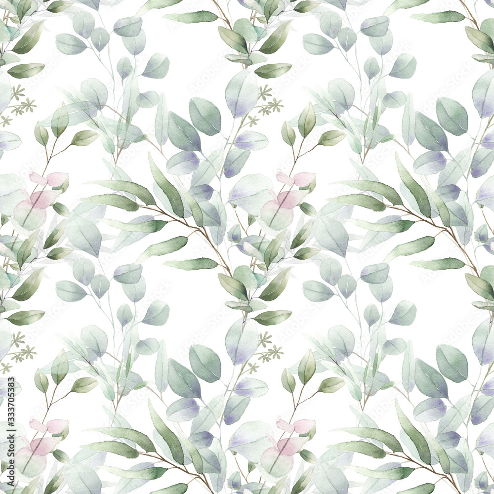 seamless watercolor floral foliage pattern leaves herbs green pastel delicate branches wrapping wedding romantic natural organic nature 