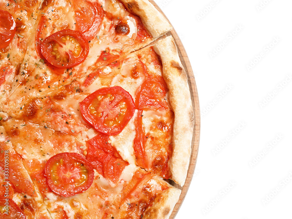 Delicious hot pizza Margherita isolated on white, top view