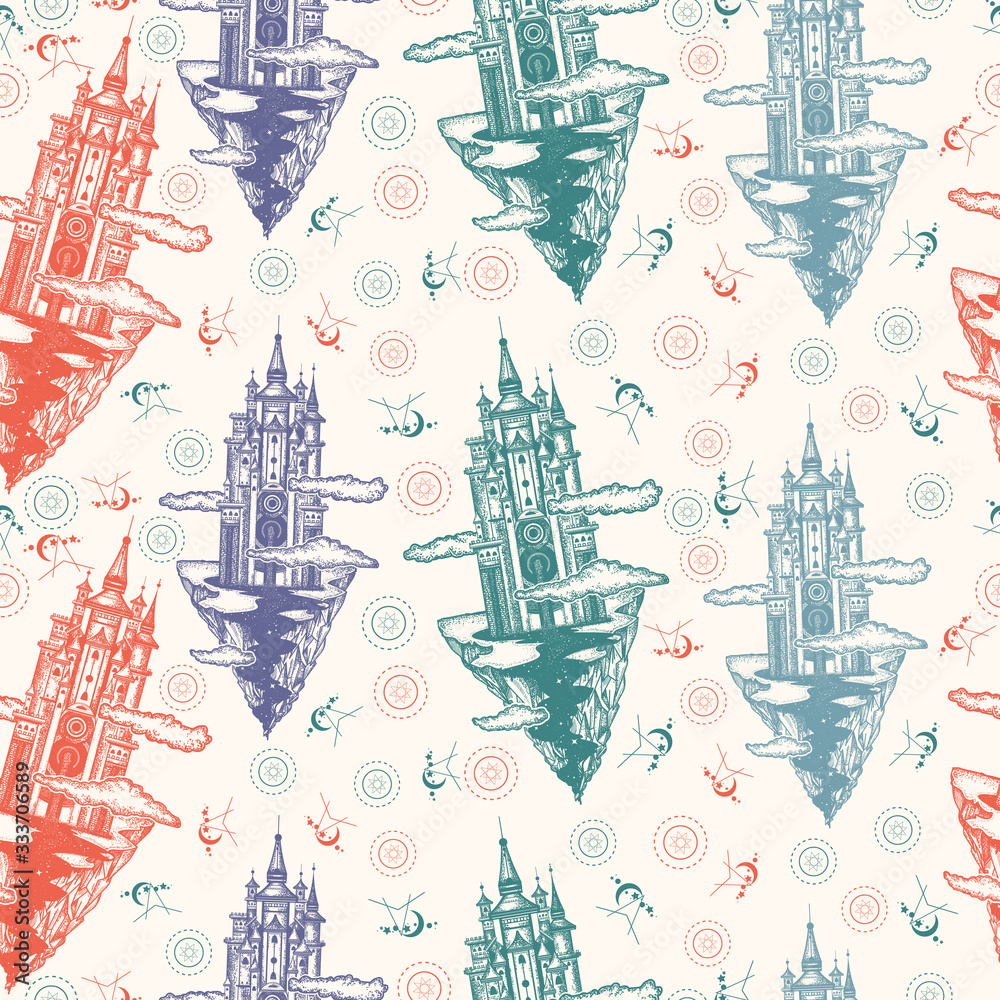 Flying castle on the mountain. Seamless pattern. Packing old paper, scrapbooking style. Vintage background. Medieval manuscript, engraving art. Symbol of the fairy tale, dream, magic