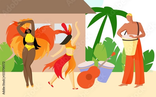 Man with Drum and Women In Bright Carnival Costumes Dancing on Beach. People Celebrate Days Brazilian Carnival. Traditional Brazilian Costume. Vector Illustration. Advertising Image with Text.