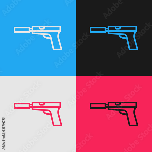 Pop art line Pistol or gun with silencer icon isolated on color background. Vector Illustration