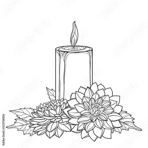Bouquet with outline two Chrysanthemum flower, leaf and burning candle in black isolated on white background. 