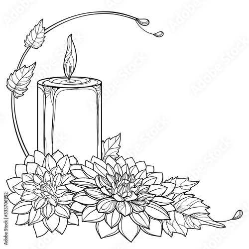 Corner bouquet with outline Chrysanthemum flower, leaf and burning candle in black isolated on white background. 