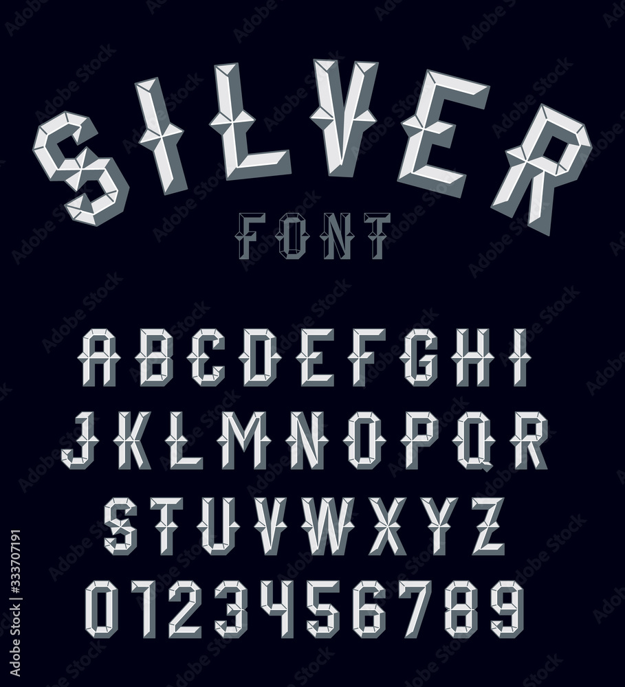 Silvre beveled font. Vector alphabet. Silver letters, numbers on a dark background. Set for your headlines, posters, etc. - obrazy, fototapety, plakaty 