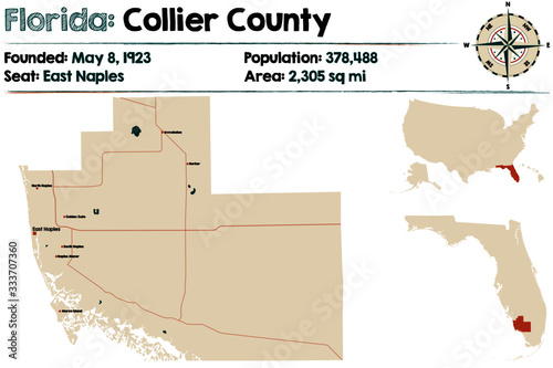 Large and detailed map of Collier county in Florida, USA.