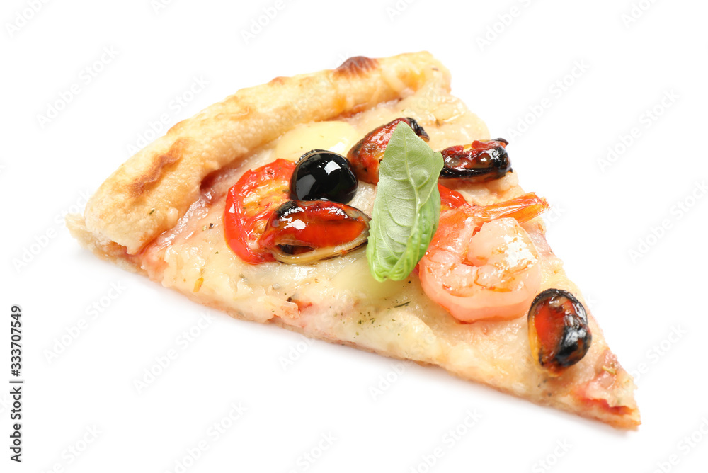 Slice of tasty pizza with seafood isolated on white