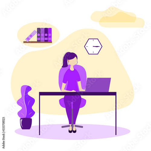 Work from home concept, flat tiny person vector illustration. Freelancer remote office workplace interior setup with desk, chair and computer. Girl designer enjoying daily life routine and freedom.