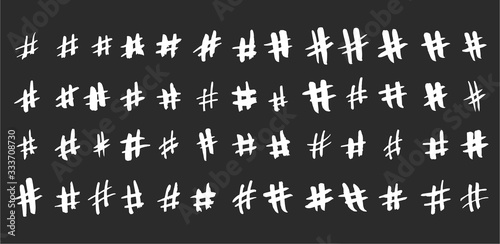 Hashtag grunge vector big set. Hand drawn icons for social networks or internet applications. Ink and brush symbol.
