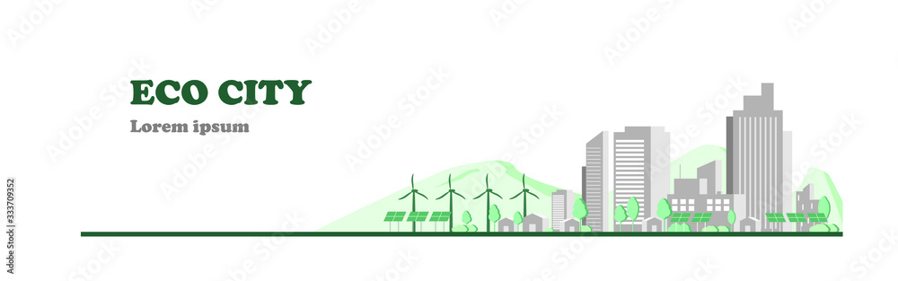 flat illustration of panoramic green eco building cityscape vector, ecology environment design for baackground