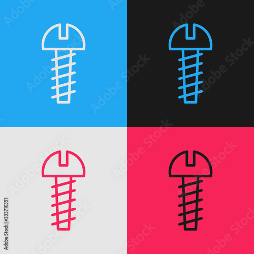 Pop art line Metallic screw icon isolated on color background. Vector Illustration