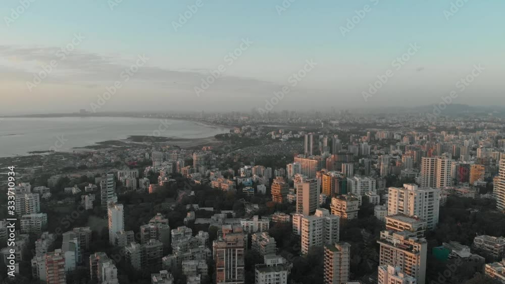 Overhead drone shot of Bandra Mumbai costal city at sunset Overhead drone shot of Bandra Mumbai costal city at sunset