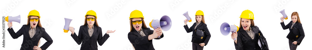 Female construction worker with loudspeaker isolated on white Female construction worker with loudspeaker isolated on white