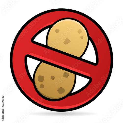 Vector stylized no peanuts or peanuts free logo with a crossed red circle isolated on white. Can represent allergens, ingredients, danger, children school lunches, epinephrine, reactions, adrenaline.
