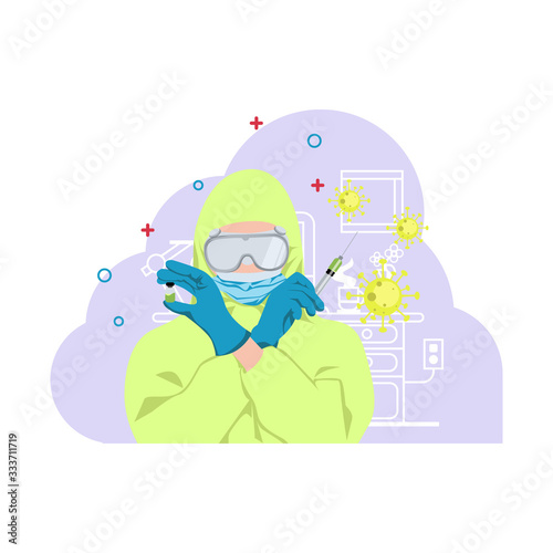 Illustration vector graphic of doctor in a protective suit and mask holds an injection syringe and vaccine corona virus