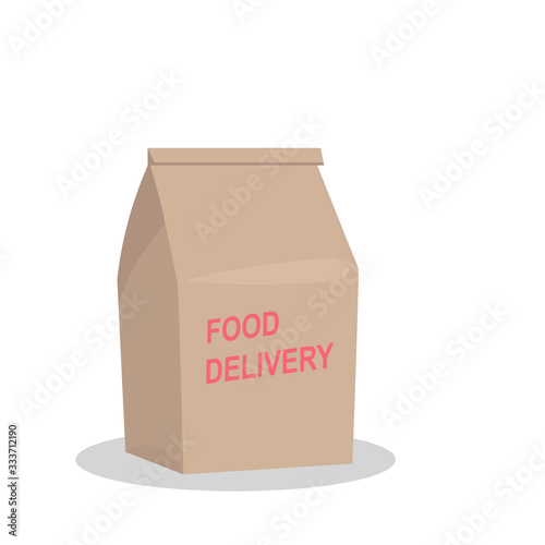 contactless food delivery to your home.  paper bag on a white background.  stay home order food delivery