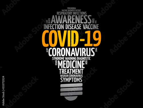 Coronavirus Covid-19 light bulb word cloud, medical concept background