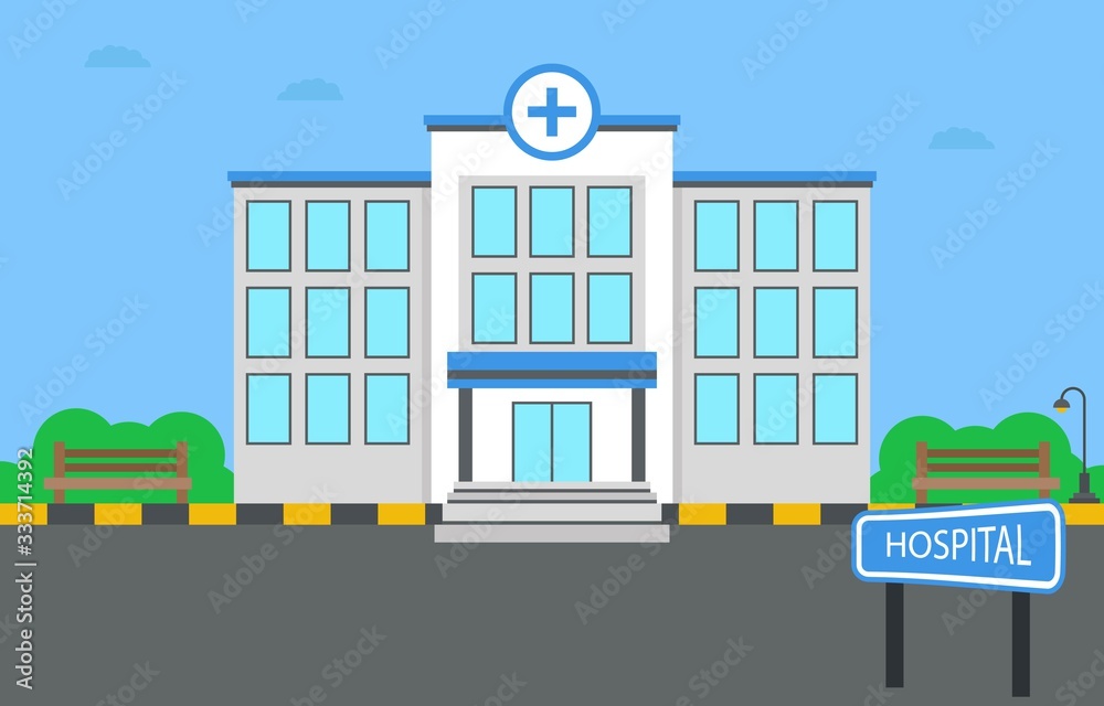 coronavirus covid-19 related hospital frount side with hospital board, plus sign on hospital building and tables vectors illustration in flat style,