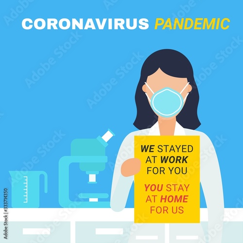 lady doctor in a laboratory with a message for public to stay at home while doctors at work, vectors illustration in flat style,