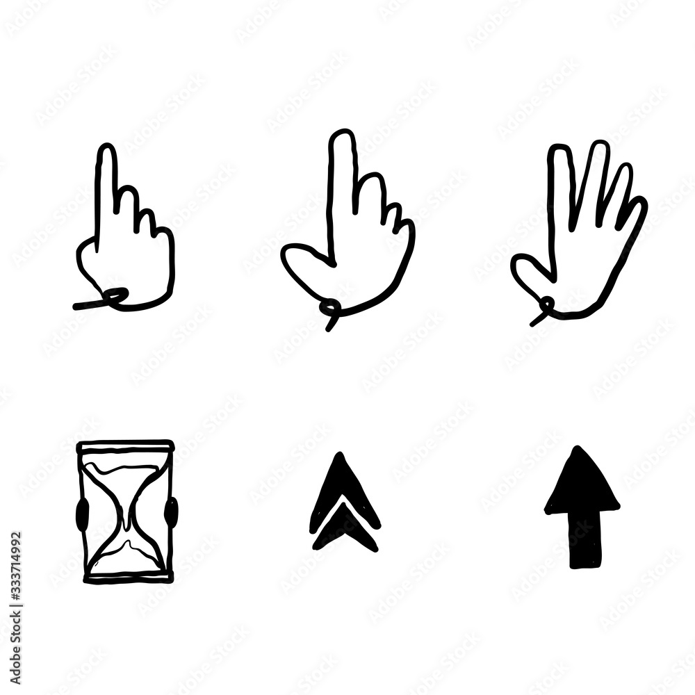 Fototapeta premium hand drawn Pointer cursor icons. Web arrows cursors, mouse clicking and grab hand pixel icon. Computer pointers, internet cursor click.doodle