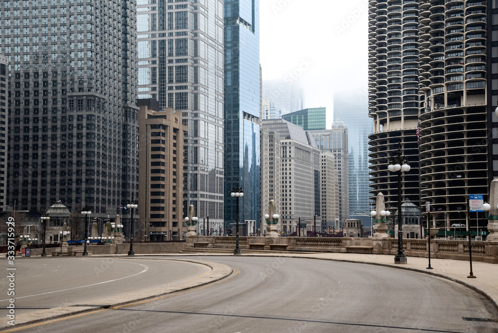 Chicago, Illinois, USA - 03/26/2020 10:30 am: Stay-at-Home Order due to the Corona virus outbreak called Covid-19. Empty Upper Wacker Dr, Downtown Chicago Chicago, Illinois, USA - 03/26/2020 10:30 am: Stay-at-Home Order due to the Corona virus outbreak called Covid-19. Empty Upper Wacker Dr, Downtown Chicago
